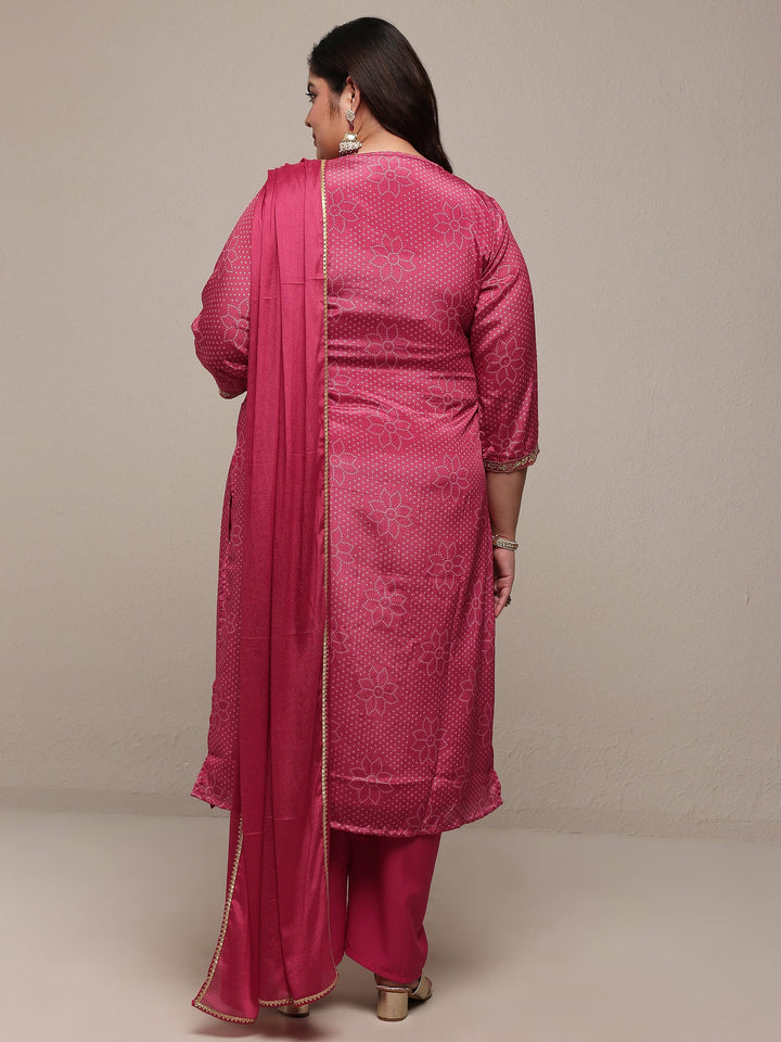 Plus Size Pink Bandhani Embroidered Silk Blend Straight Suit Set With Dupatta