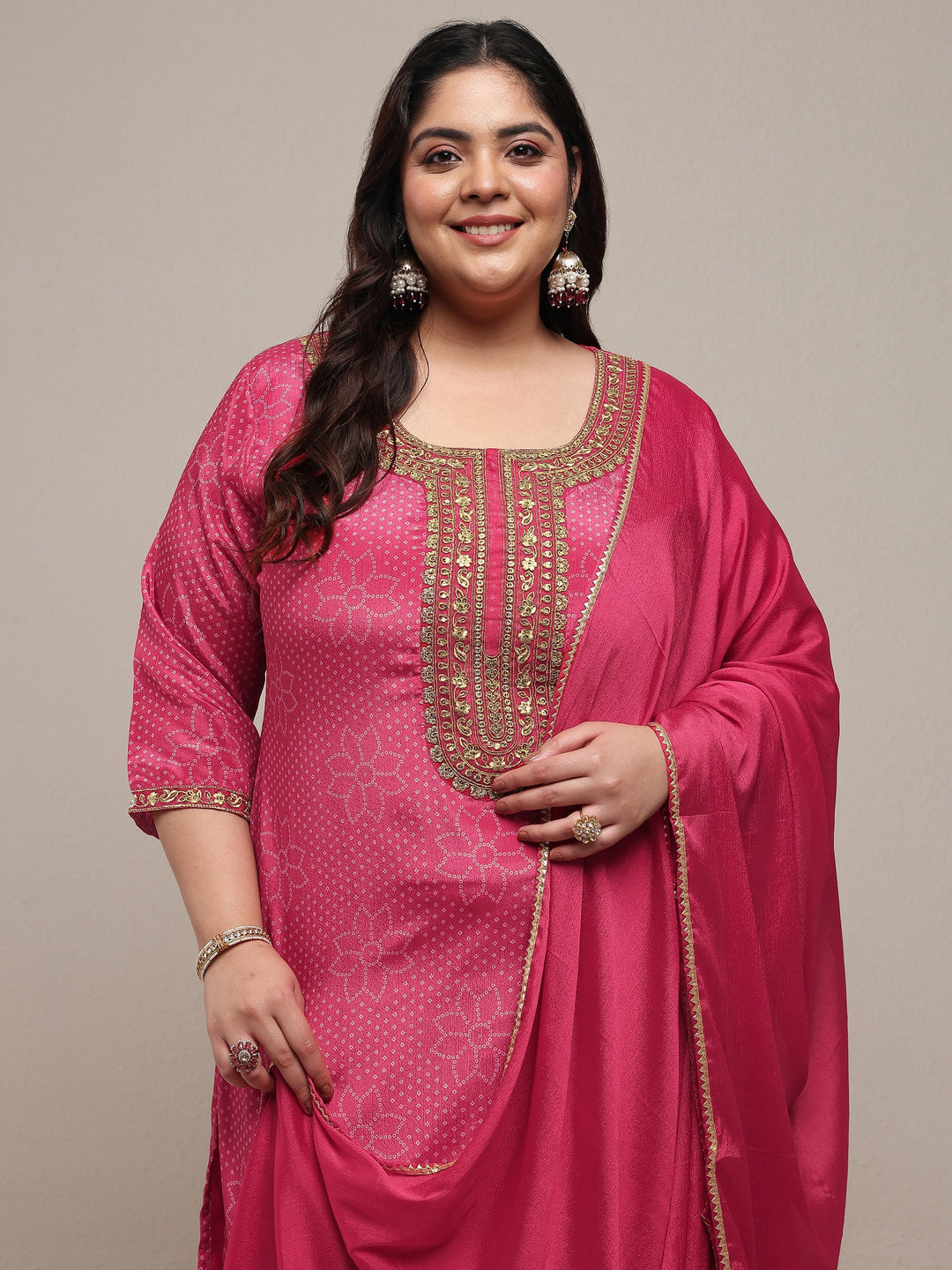 Plus Size Pink Bandhani Embroidered Silk Blend Straight Suit Set With Dupatta