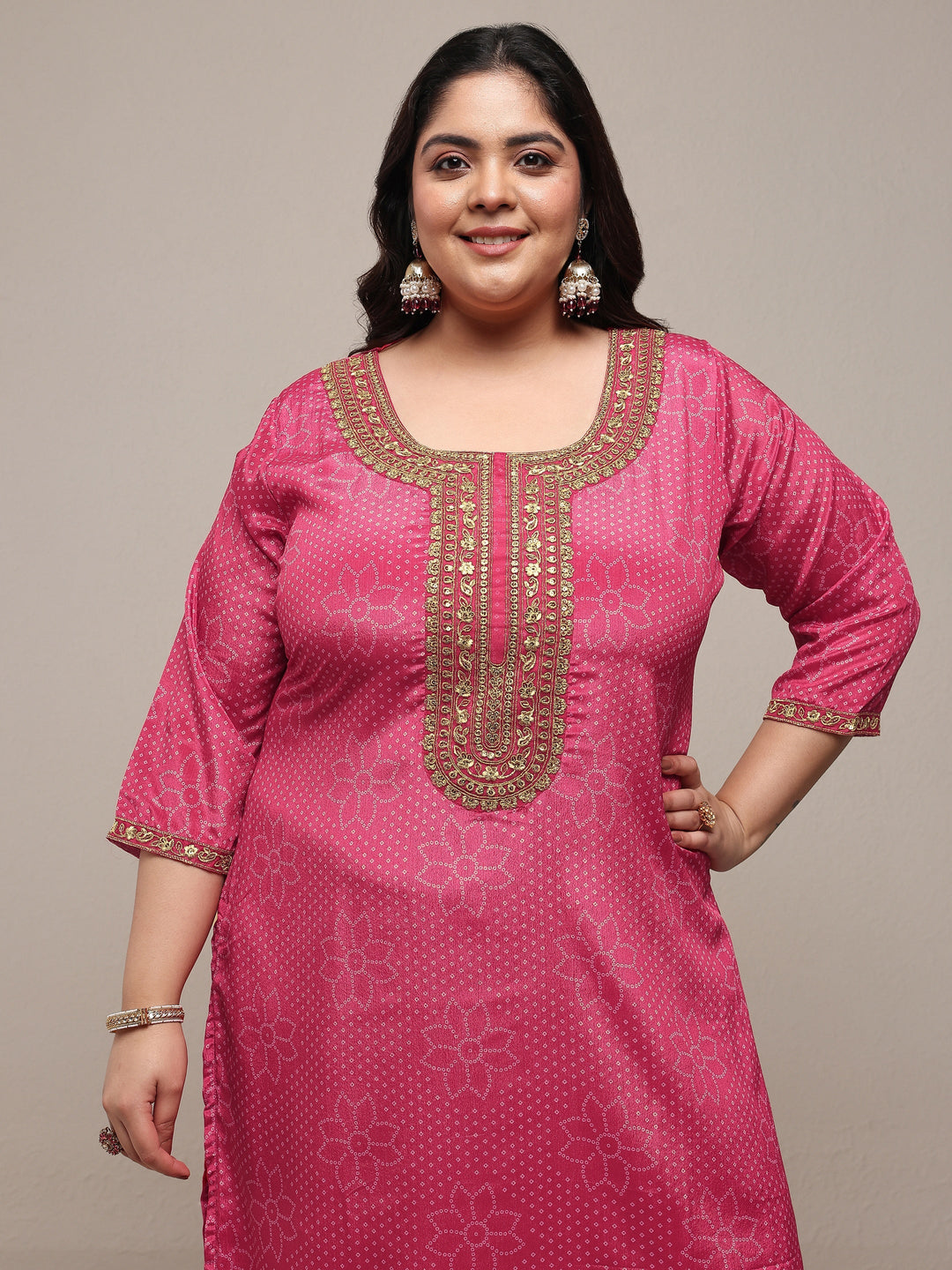 Plus Size Pink Bandhani Embroidered Silk Blend Straight Suit Set With Dupatta