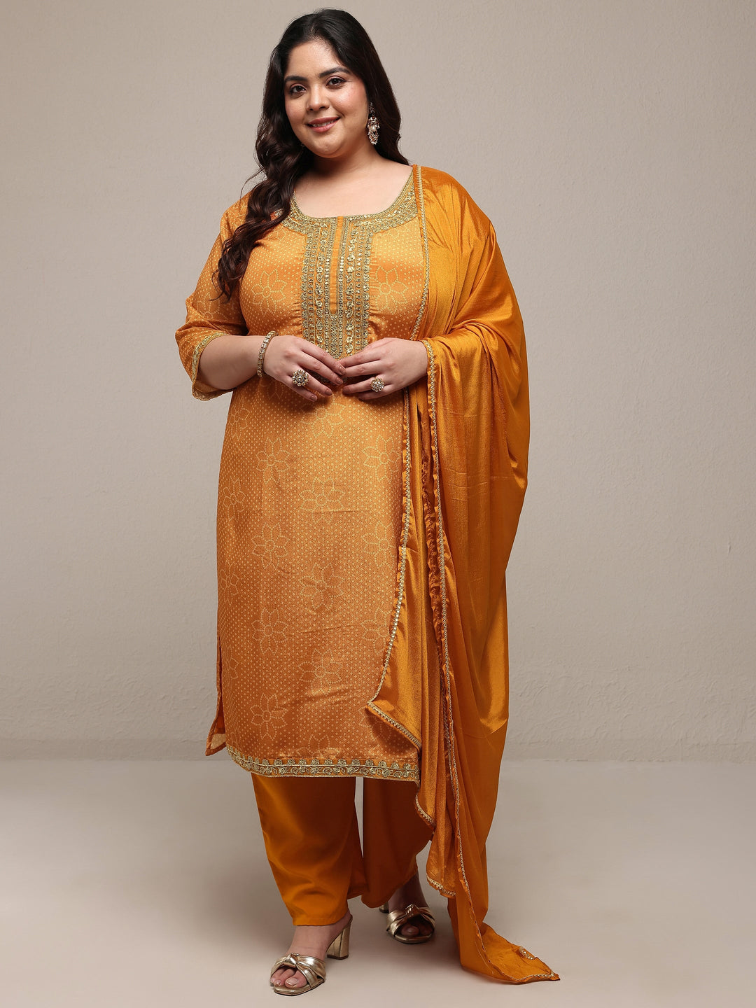 Plus Size Mustard Bandhani Embroidered Silk Blend Straight Suit Set With Dupatta