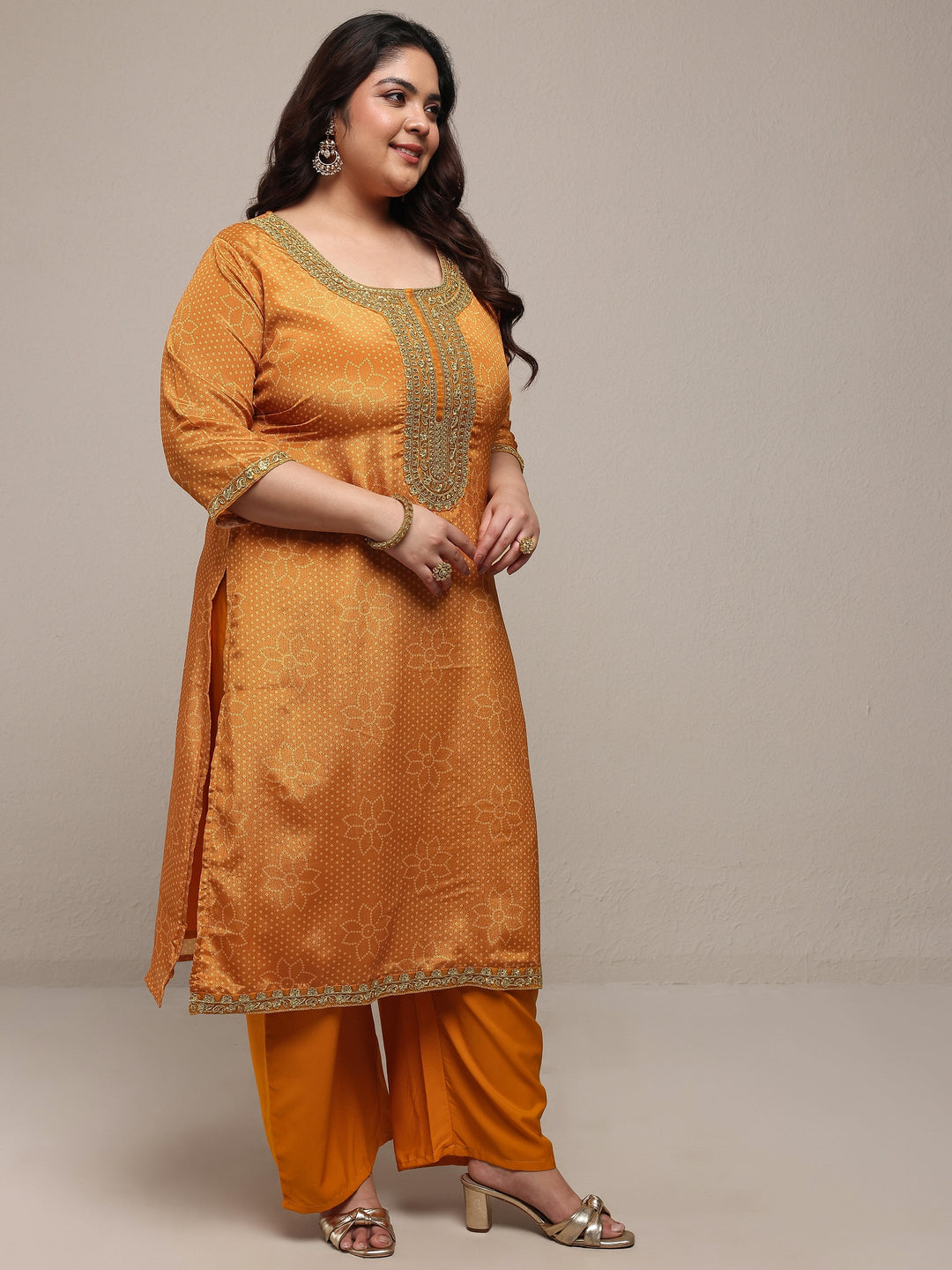 Plus Size Mustard Bandhani Embroidered Silk Blend Straight Suit Set With Dupatta