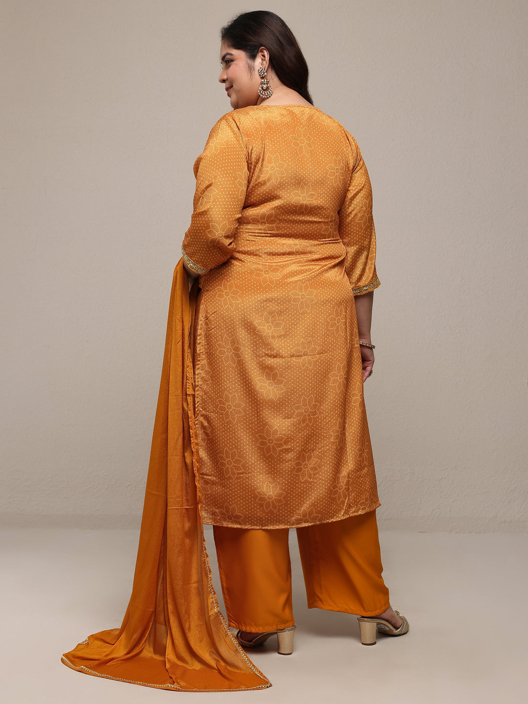 Plus Size Mustard Bandhani Embroidered Silk Blend Straight Suit Set With Dupatta