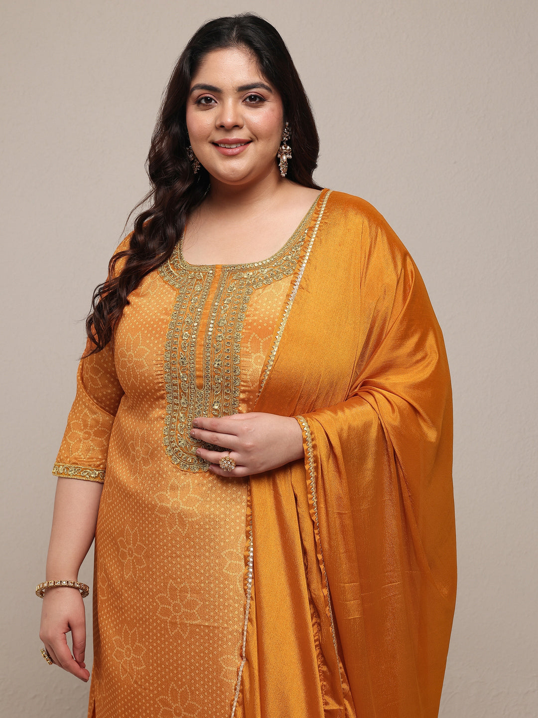 Plus Size Mustard Bandhani Embroidered Silk Blend Straight Suit Set With Dupatta