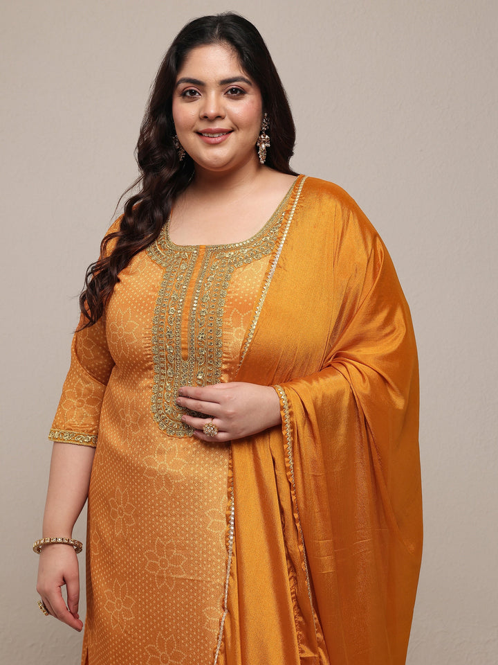 Plus Size Mustard Bandhani Embroidered Silk Blend Straight Suit Set With Dupatta
