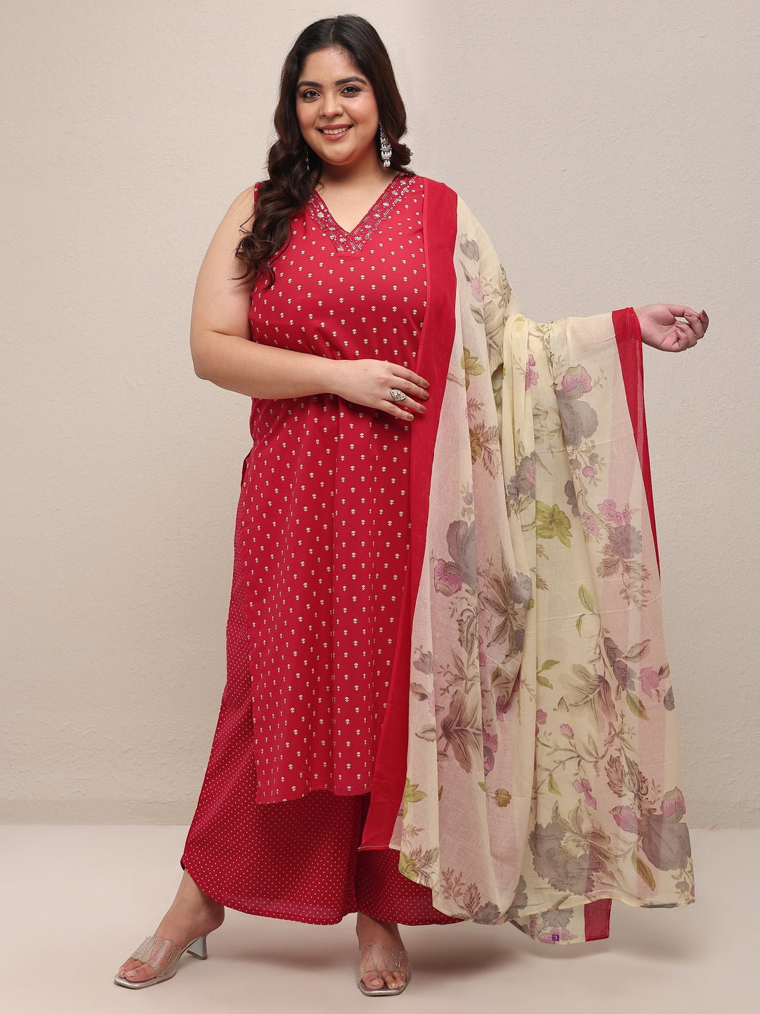 Plus Size Red Printed Cotton Blend Straight Suit Set With Dupatta