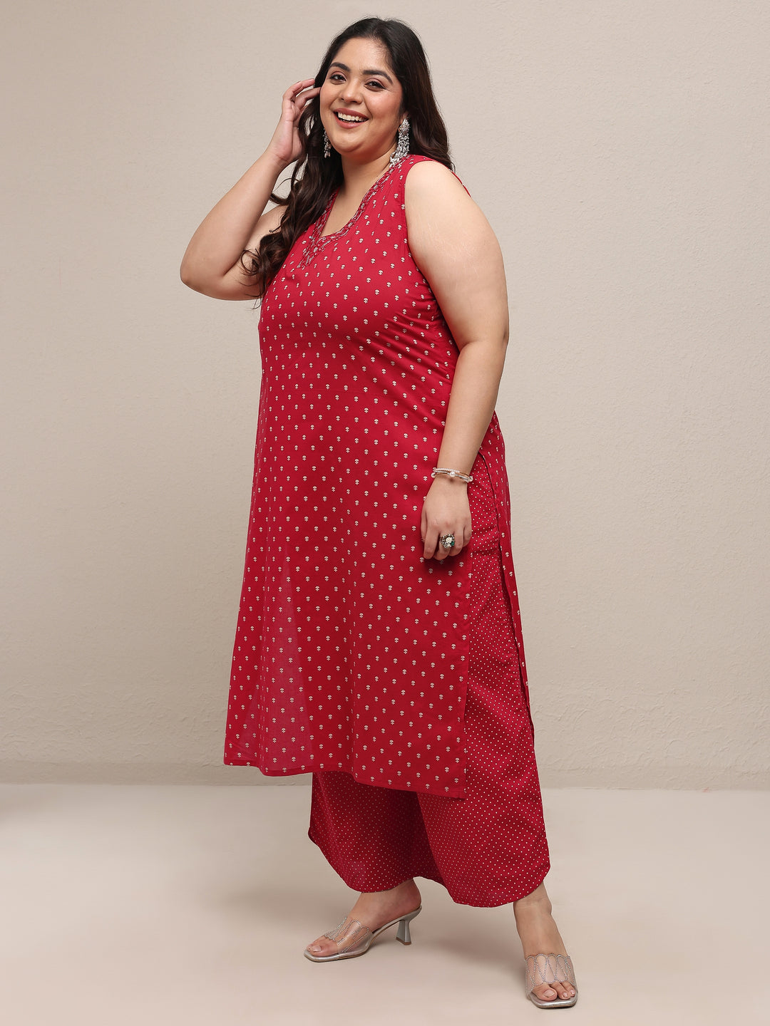 Plus Size Red Printed Cotton Blend Straight Suit Set With Dupatta