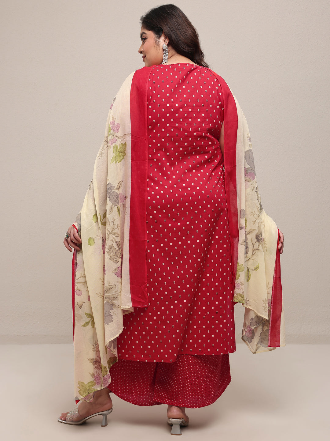 Plus Size Red Printed Cotton Blend Straight Suit Set With Dupatta