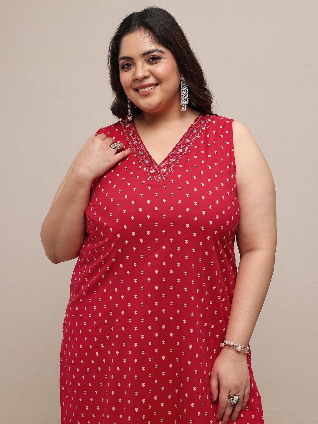 Plus Size Red Printed Cotton Blend Straight Suit Set With Dupatta