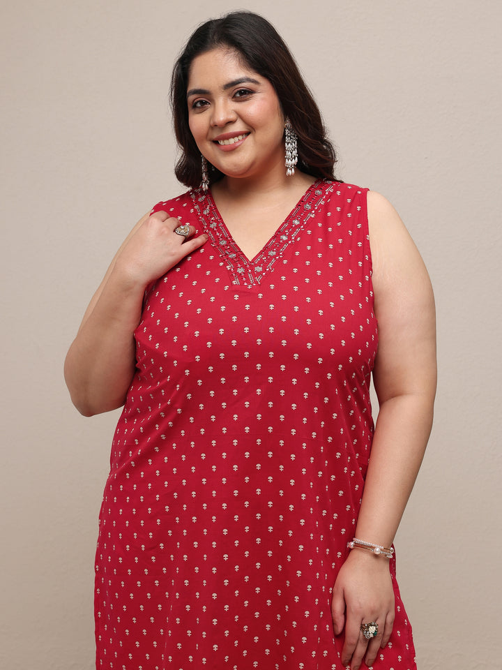 Plus Size Red Printed Cotton Blend Straight Suit Set With Dupatta