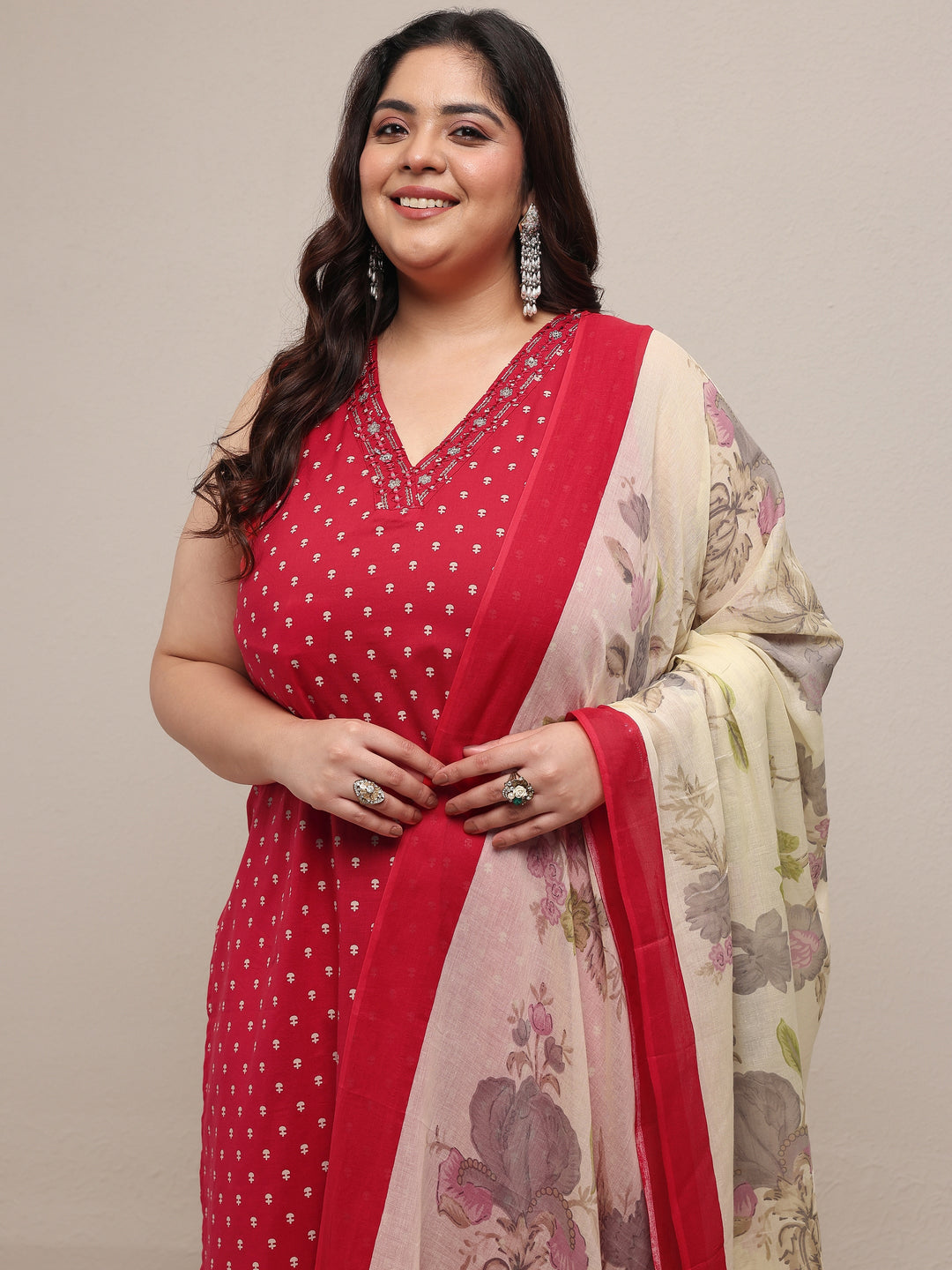 Plus Size Red Printed Cotton Blend Straight Suit Set With Dupatta