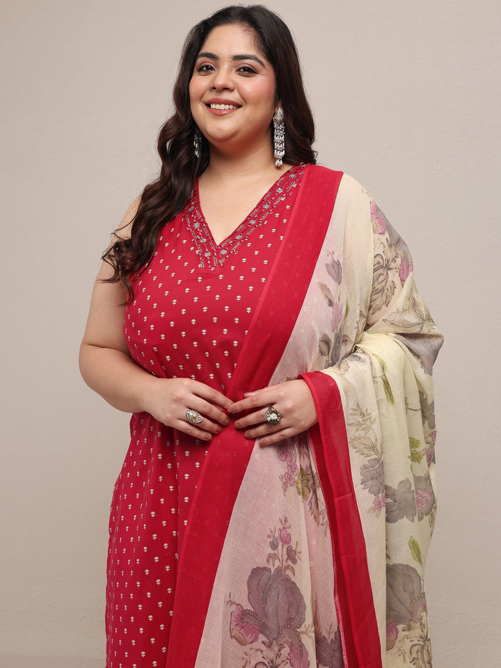 Plus Size Red Printed Cotton Blend Straight Suit Set With Dupatta
