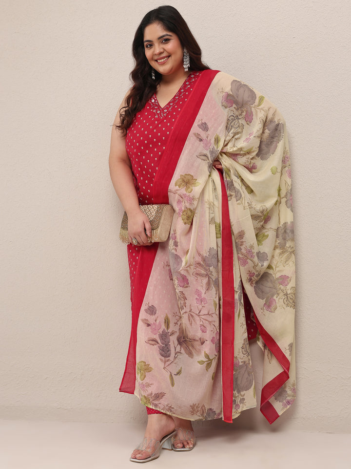 Plus Size Red Printed Cotton Blend Straight Suit Set With Dupatta