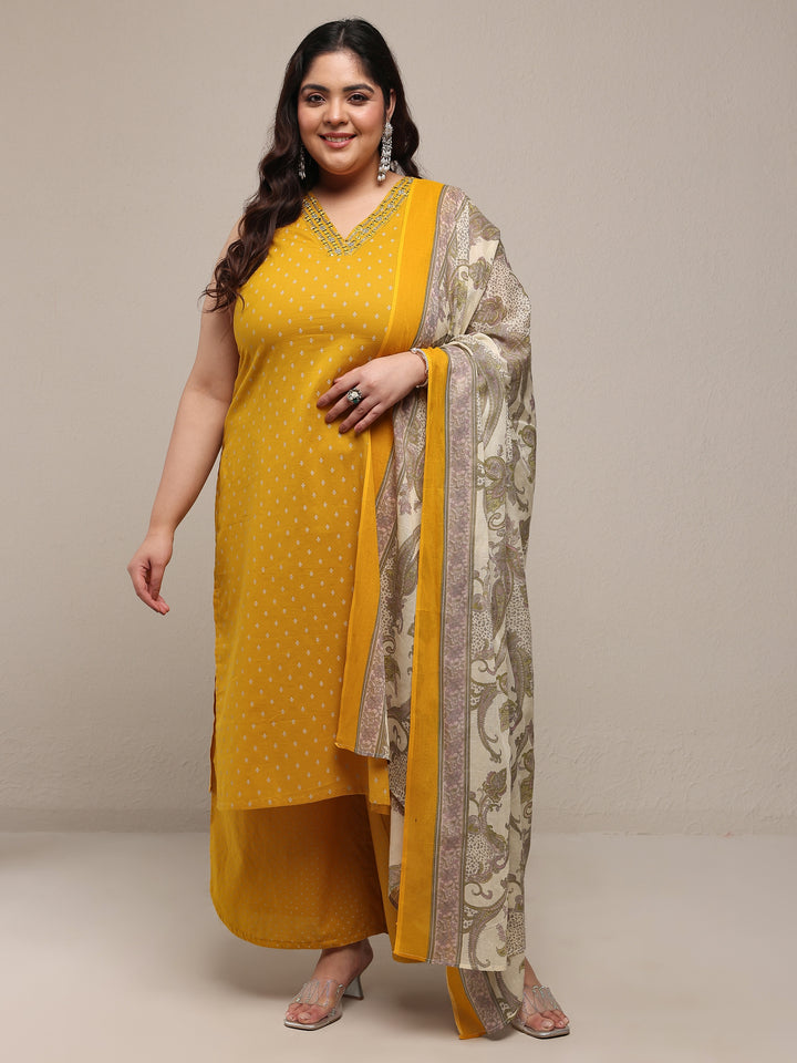 Plus Size Mustard Printed Cotton Blend Straight Suit Set With Dupatta