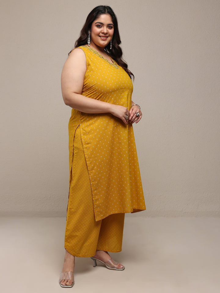 Plus Size Mustard Printed Cotton Blend Straight Suit Set With Dupatta