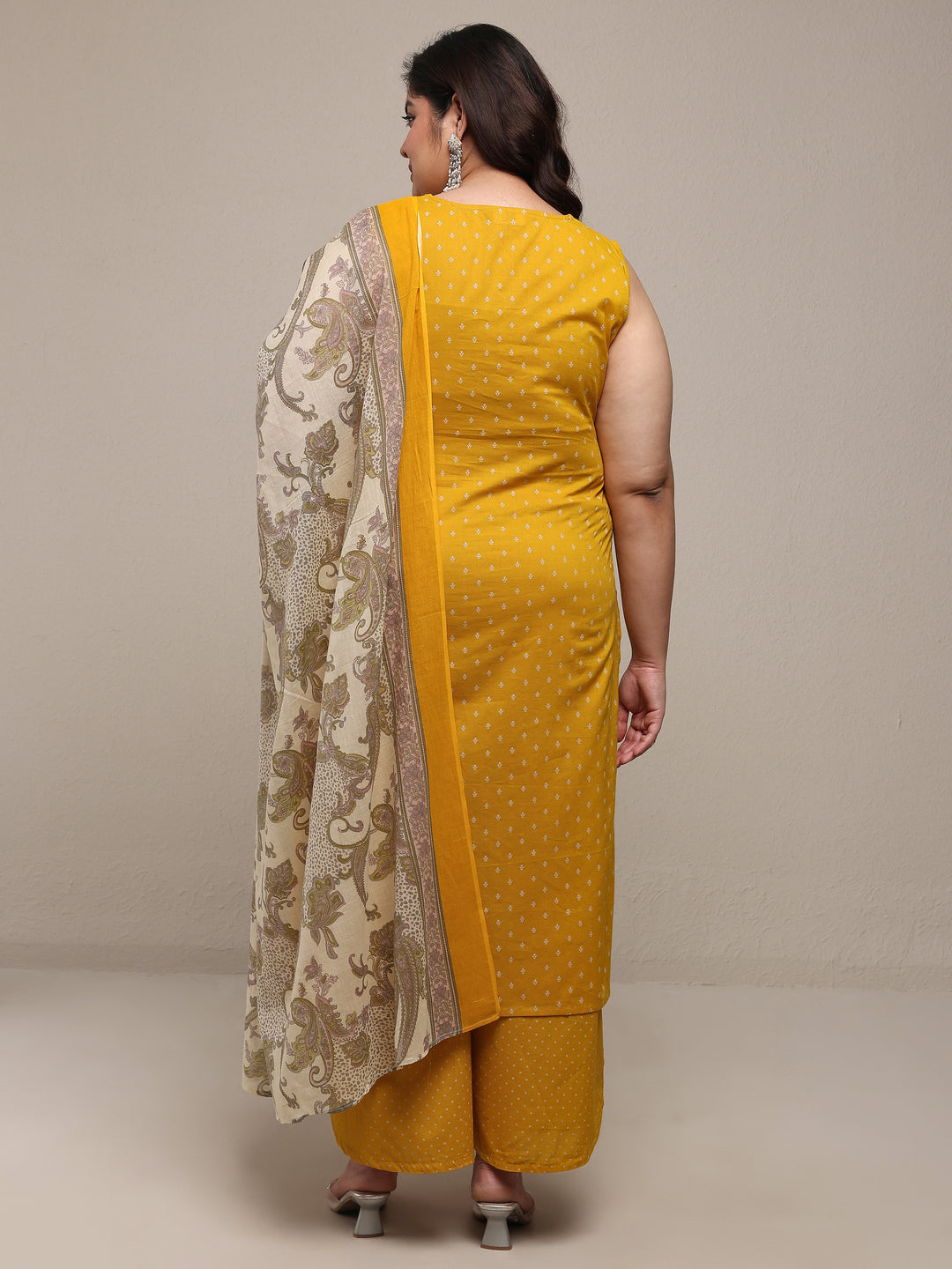 Plus Size Mustard Printed Cotton Blend Straight Suit Set With Dupatta
