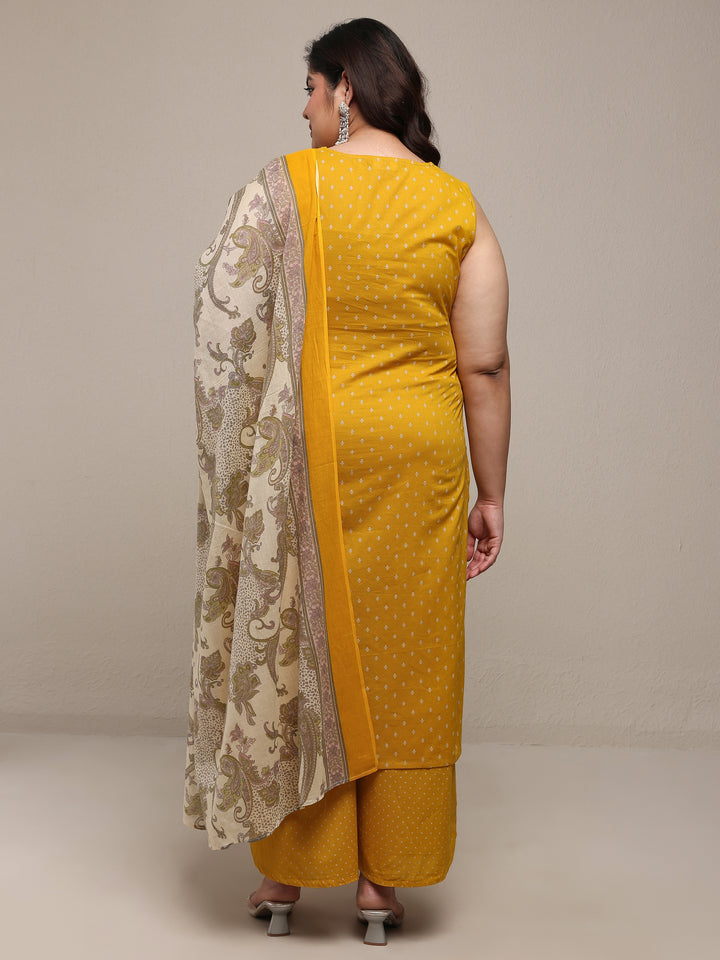 Plus Size Mustard Printed Cotton Blend Straight Suit Set With Dupatta
