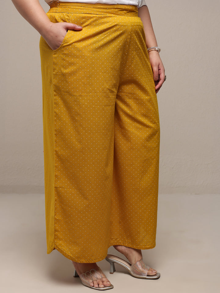 Plus Size Mustard Printed Cotton Blend Straight Suit Set With Dupatta