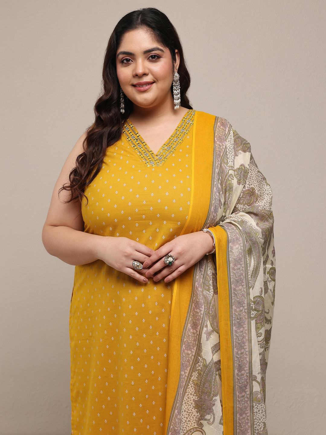 Plus Size Mustard Printed Cotton Blend Straight Suit Set With Dupatta