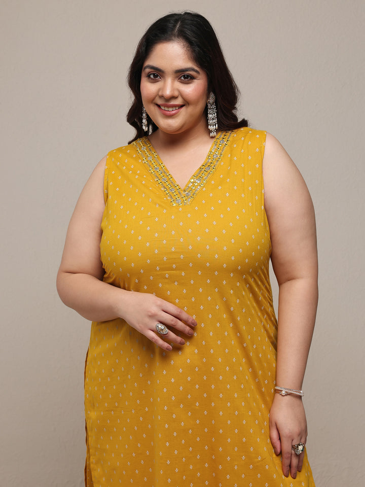 Plus Size Mustard Printed Cotton Blend Straight Suit Set With Dupatta
