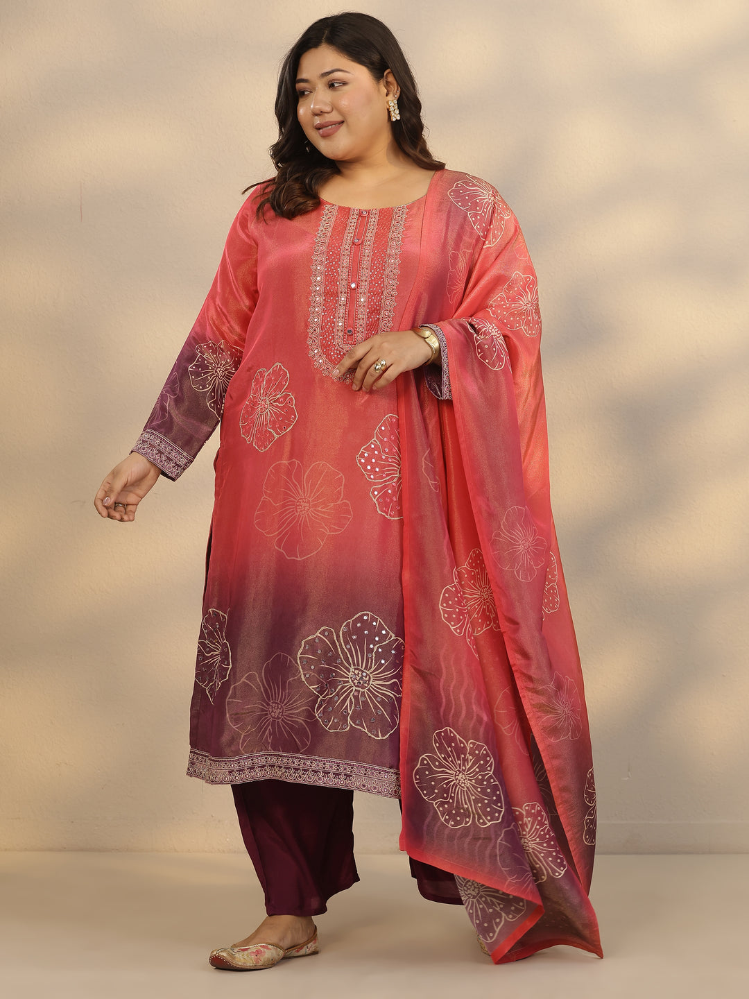 Plus Size Pink Printed Silk Blend Straight Suit Set With Dupatta