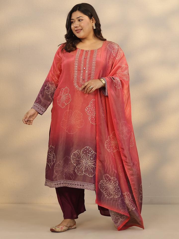 Plus Size Pink Printed Silk Blend Straight Suit Set With Dupatta