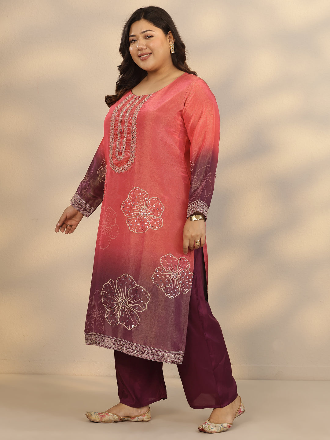 Plus Size Pink Printed Silk Blend Straight Suit Set With Dupatta
