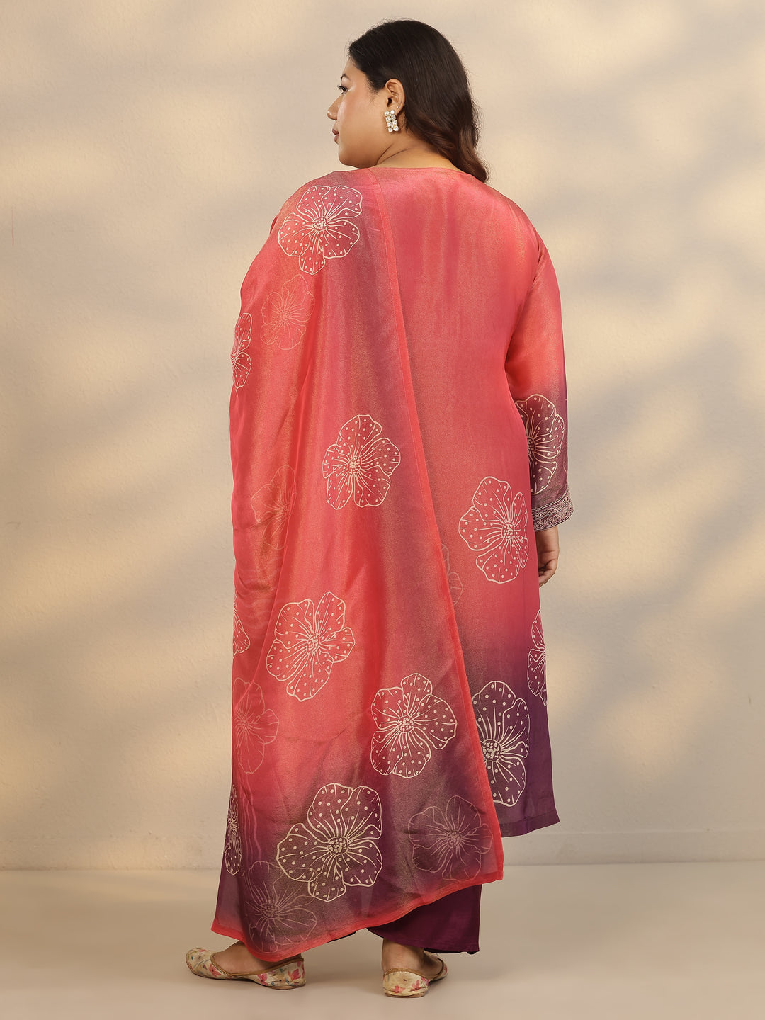 Plus Size Pink Printed Silk Blend Straight Suit Set With Dupatta