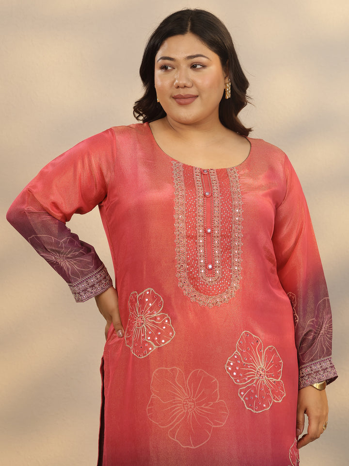 Plus Size Pink Printed Silk Blend Straight Suit Set With Dupatta