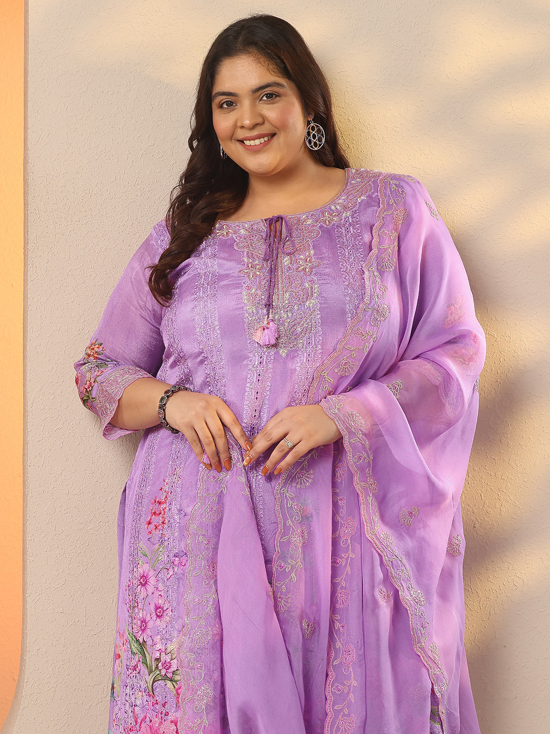 Plus Size Lavender Embroidered Chinon Straight Suit Set With Dupatta
