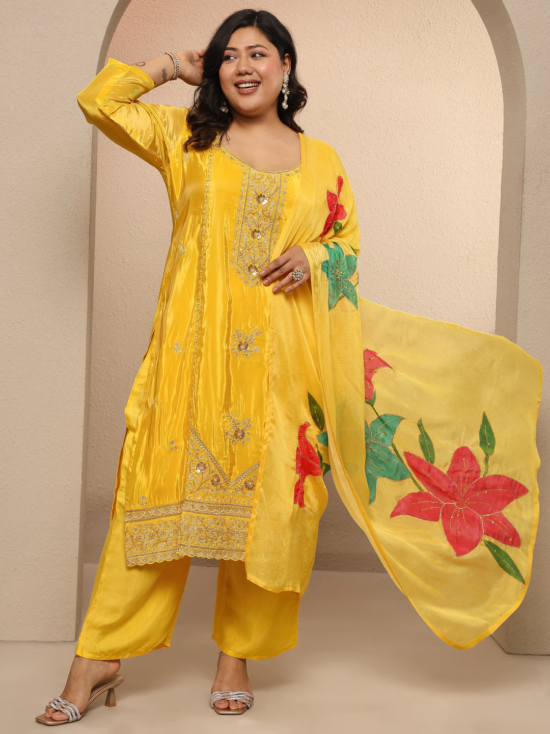 Plus Size Yellow Embellished Crepe Suit Set With Dupatta