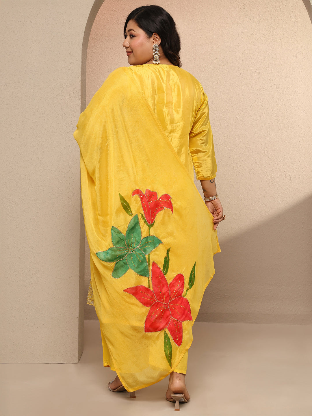 Plus Size Yellow Embellished Crepe Suit Set With Dupatta
