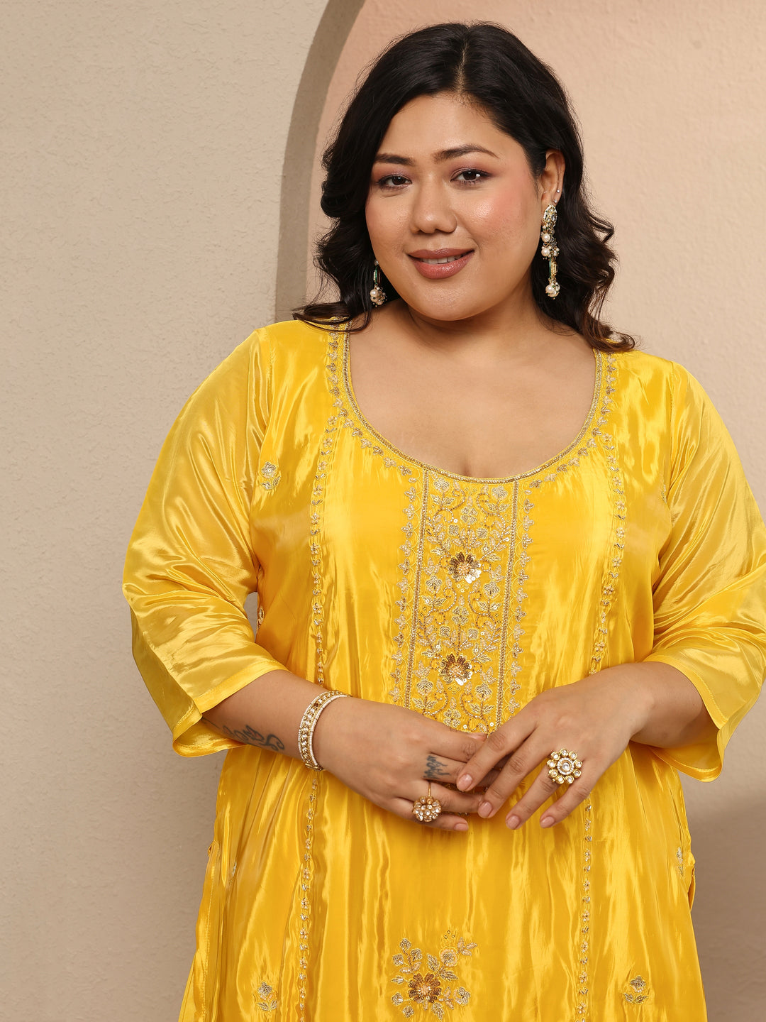 Plus Size Yellow Embellished Crepe Suit Set With Dupatta