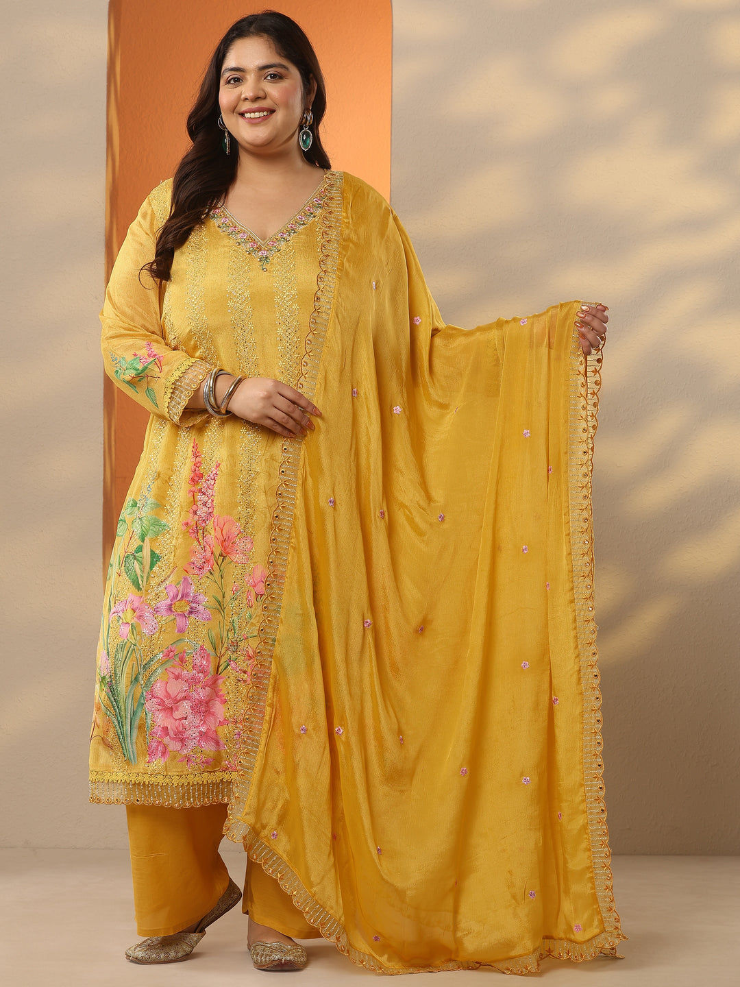 Plus Size Mustard Embroidered Chinon Straight Suit Set With Dupatta