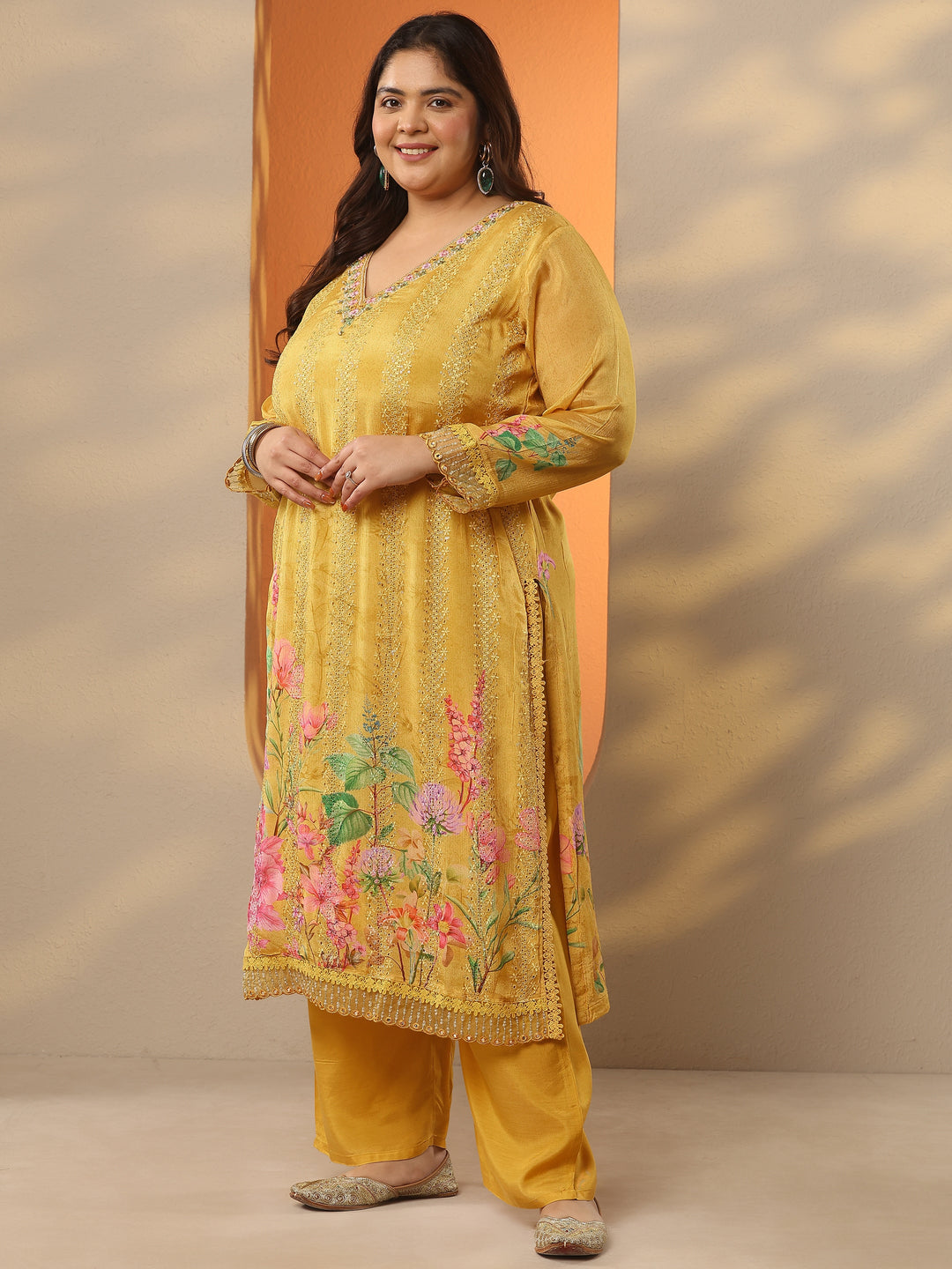 Plus Size Mustard Embroidered Chinon Straight Suit Set With Dupatta