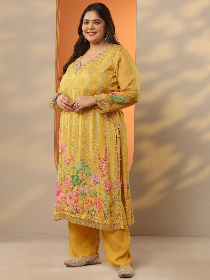 Plus Size Mustard Embroidered Chinon Straight Suit Set With Dupatta