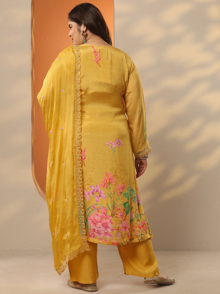 Plus Size Mustard Embroidered Chinon Straight Suit Set With Dupatta