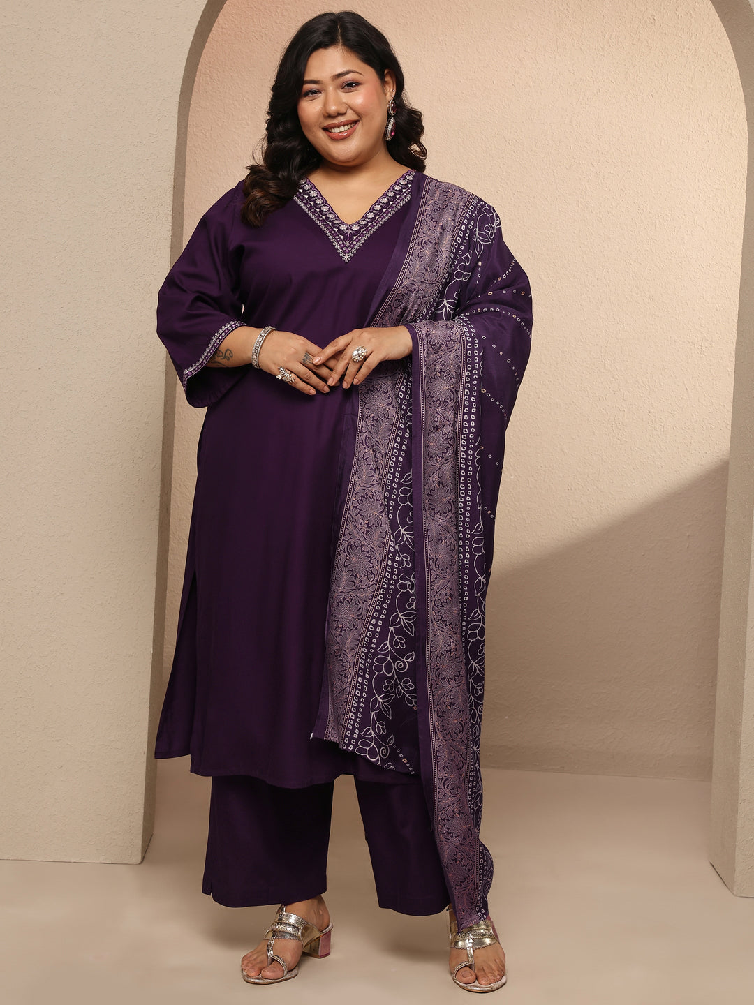 Plus Size Purple Embroidered Silk blend Suit Set With Dupatta