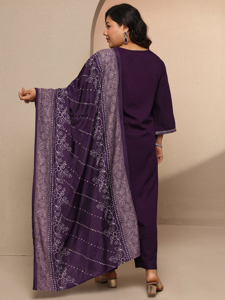 Plus Size Purple Embroidered Silk blend Suit Set With Dupatta