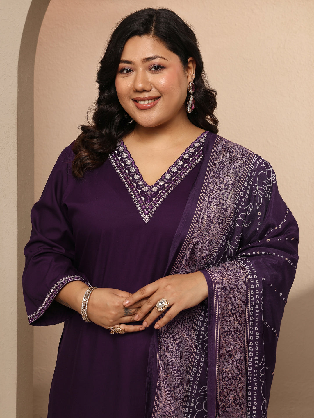 Plus Size Purple Embroidered Silk blend Suit Set With Dupatta