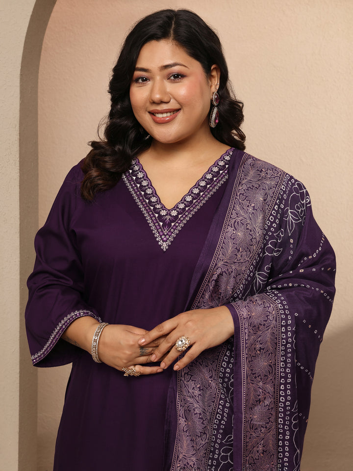 Plus Size Purple Embroidered Silk blend Suit Set With Dupatta