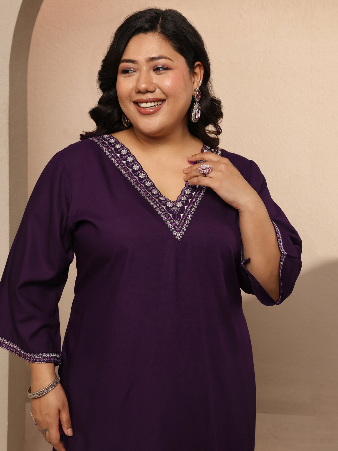 Plus Size Purple Embroidered Silk blend Suit Set With Dupatta