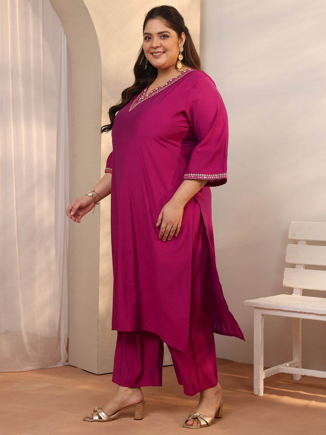 Plus Size Pink Embroidered Silk blend Straight Suit Set With Dupatta