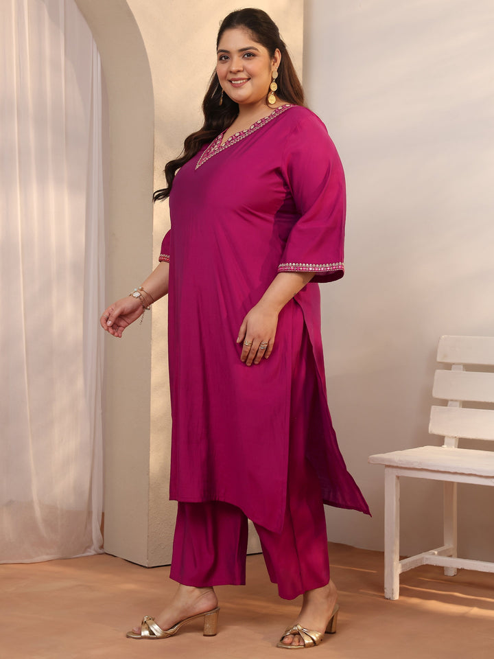 Plus Size Pink Embroidered Silk blend Straight Suit Set With Dupatta