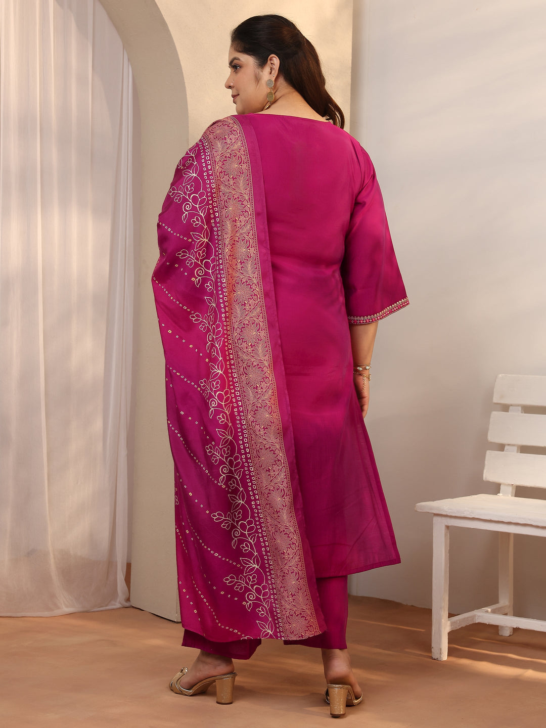 Plus Size Pink Embroidered Silk blend Straight Suit Set With Dupatta