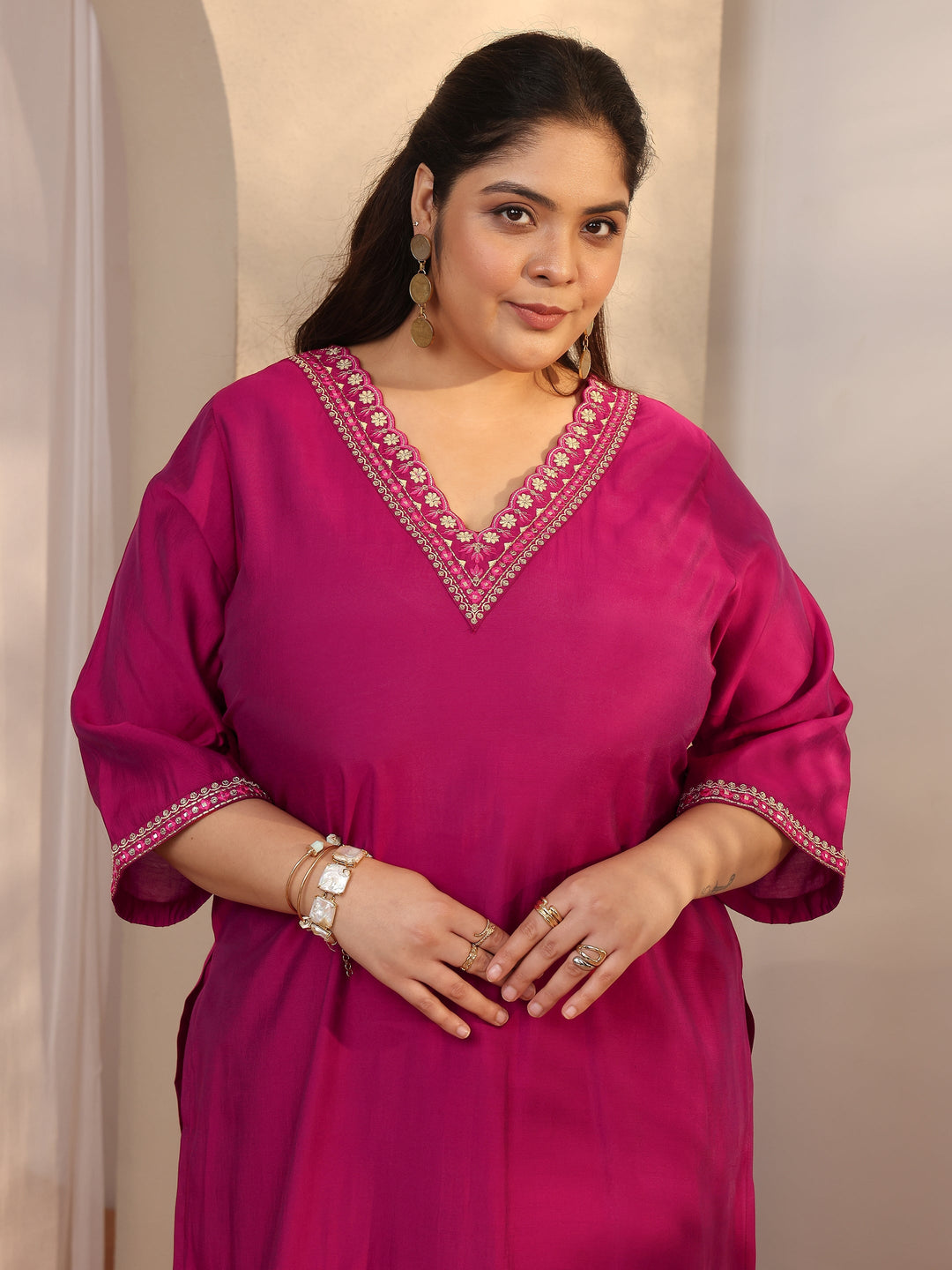 Plus Size Pink Embroidered Silk blend Straight Suit Set With Dupatta