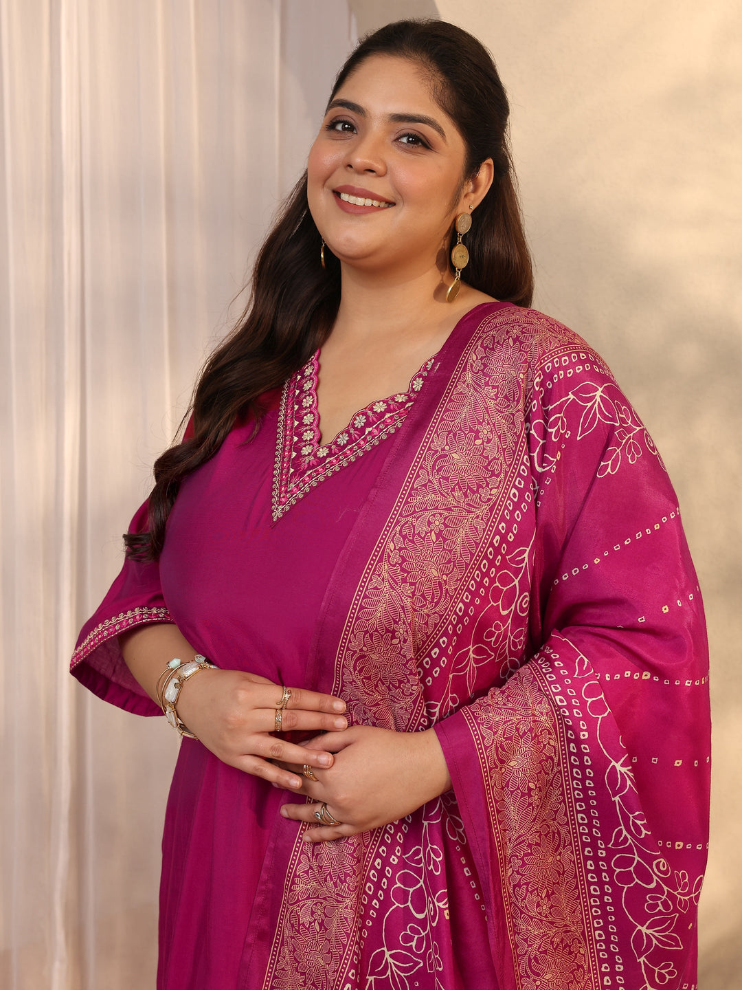Plus Size Pink Embroidered Silk blend Straight Suit Set With Dupatta