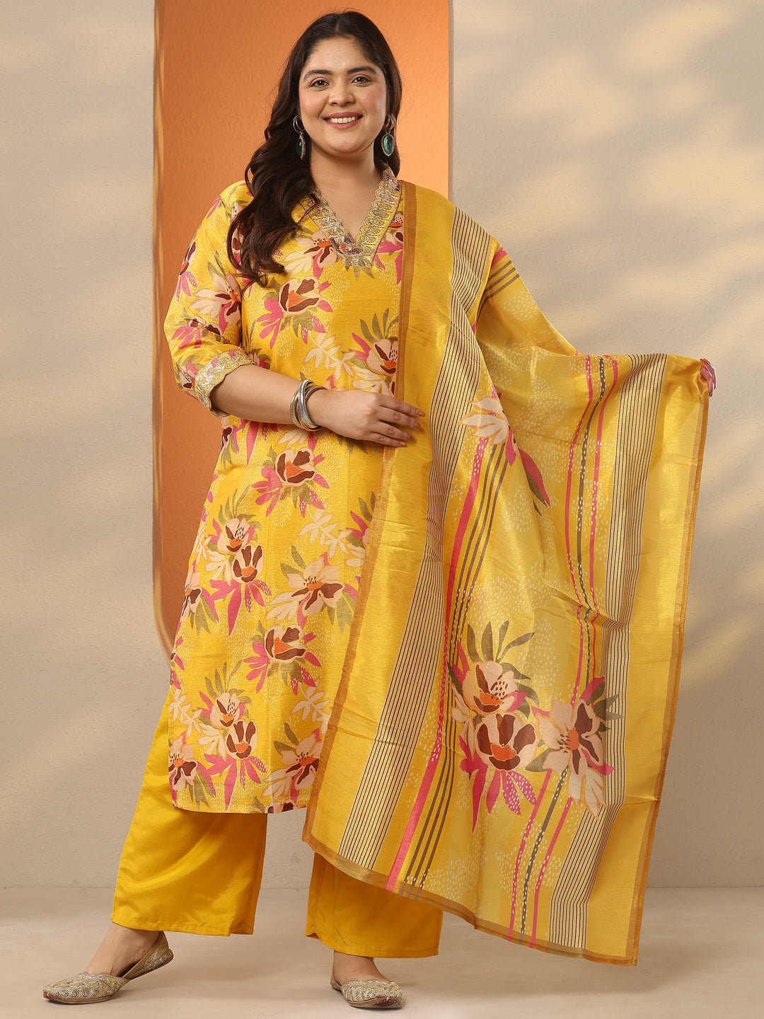 Plus Size Yellow Printed Silk Blend Straight Suit Set With Dupatta