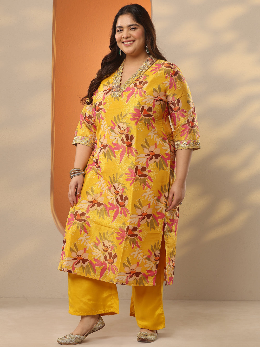 Plus Size Yellow Printed Silk Blend Straight Suit Set With Dupatta