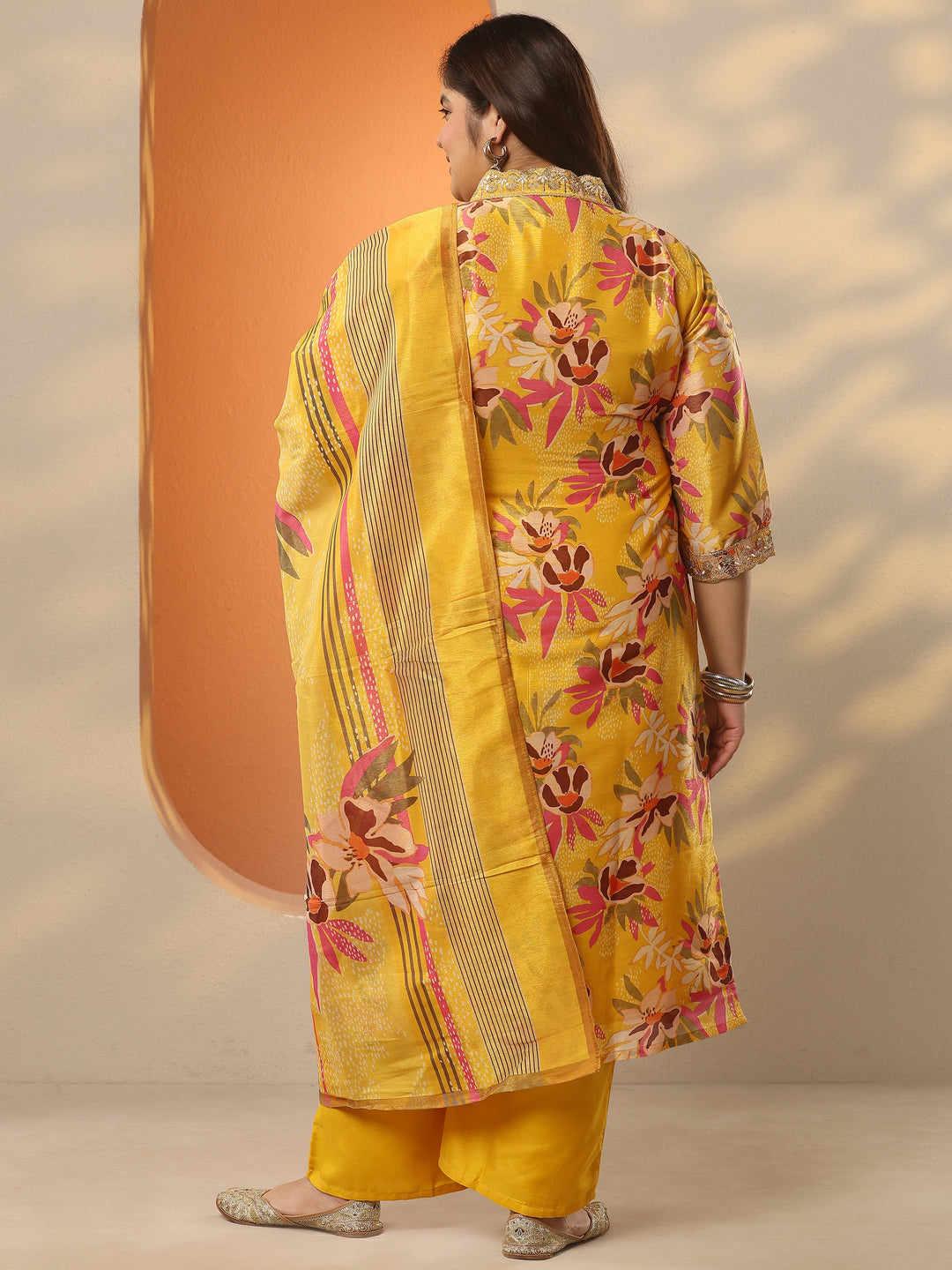 Plus Size Yellow Printed Silk Blend Straight Suit Set With Dupatta