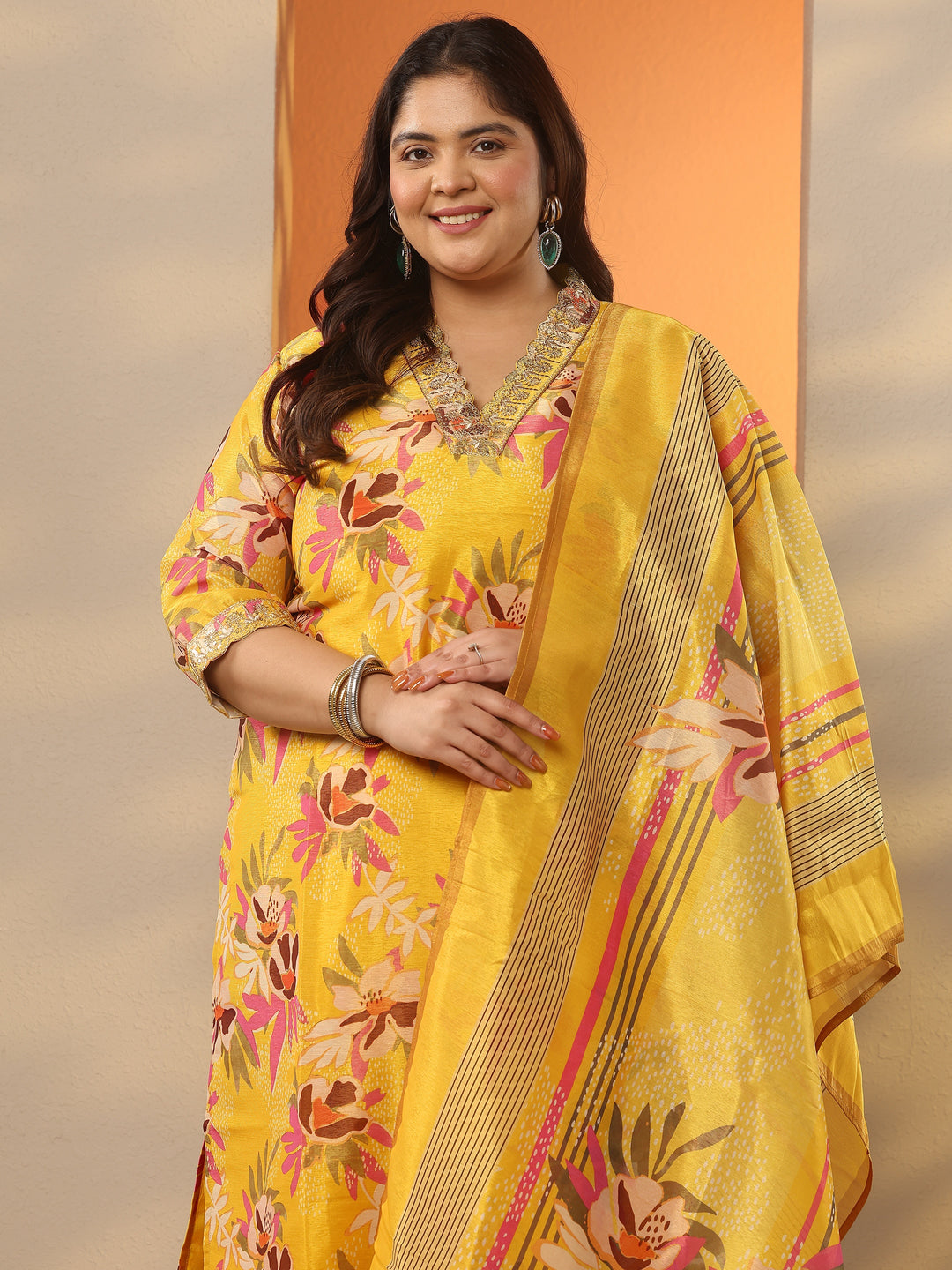 Plus Size Yellow Printed Silk Blend Straight Suit Set With Dupatta